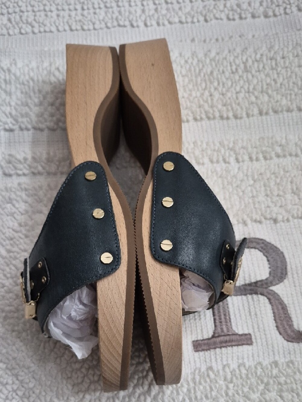 ORIGINAL COLLECTION/ DR. SCHOLLS Blue Leather Slide Sandals Gold Buckle 10 - Picture 5 of 12